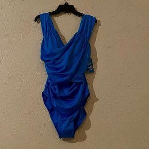 Blue Rio Swimsuits Women's  V-Neck Beaded Strap Blue One Piece size L
